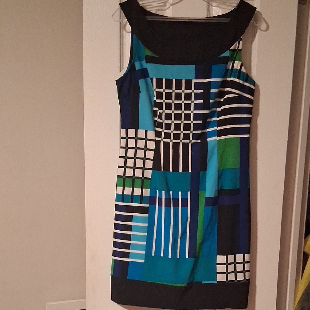 Connected Apparel Blue and Green Patterned Mini Dress